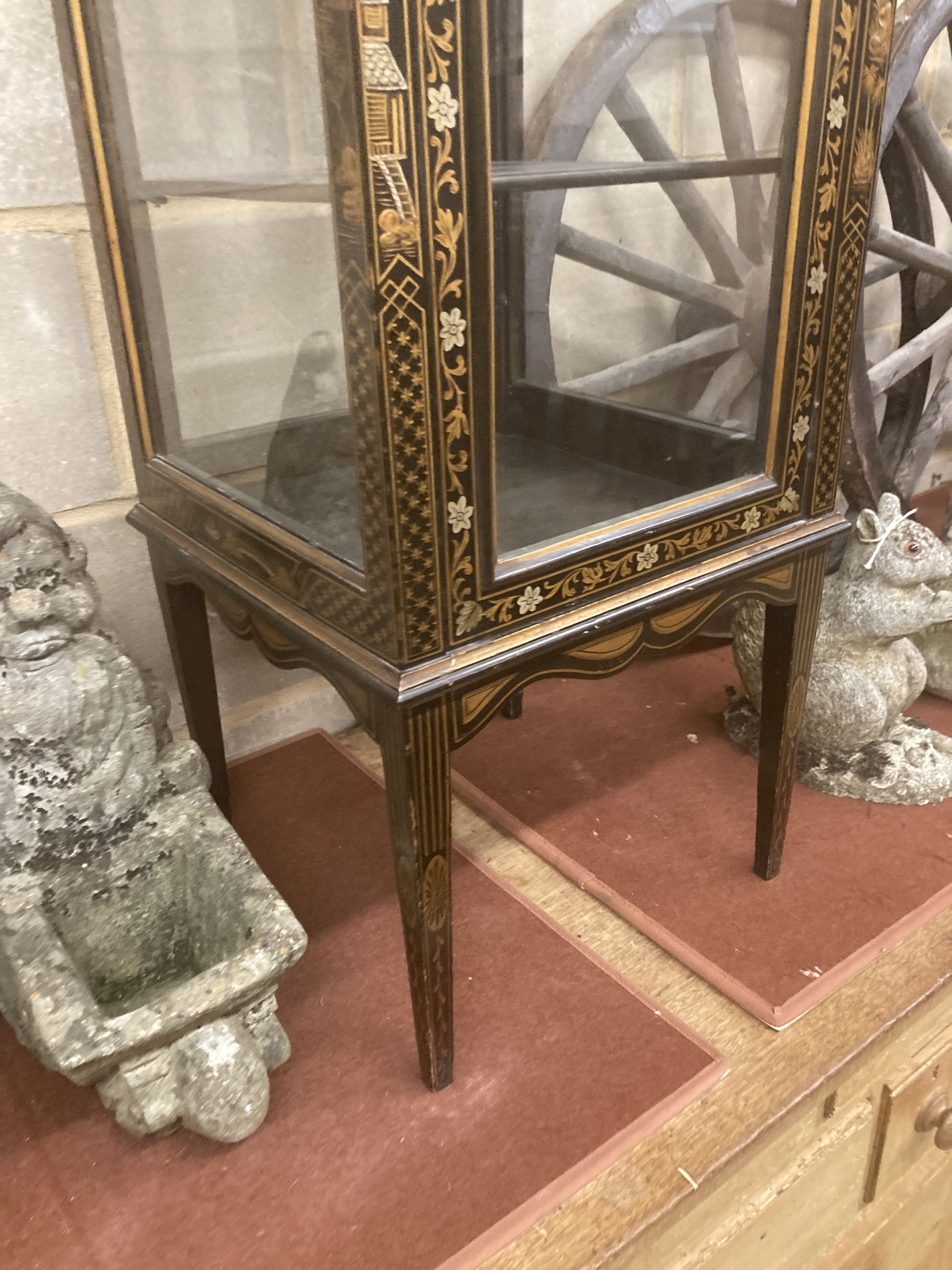 A chinoiserie lacquer bijouterie cabinet, width 37cm, depth 37cm deep, height 118cm